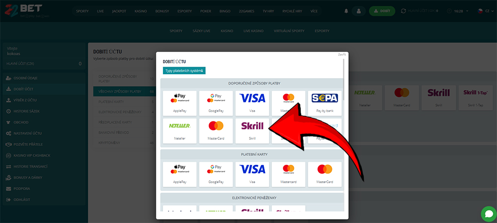 Skrill najdete i v casinu 22BET