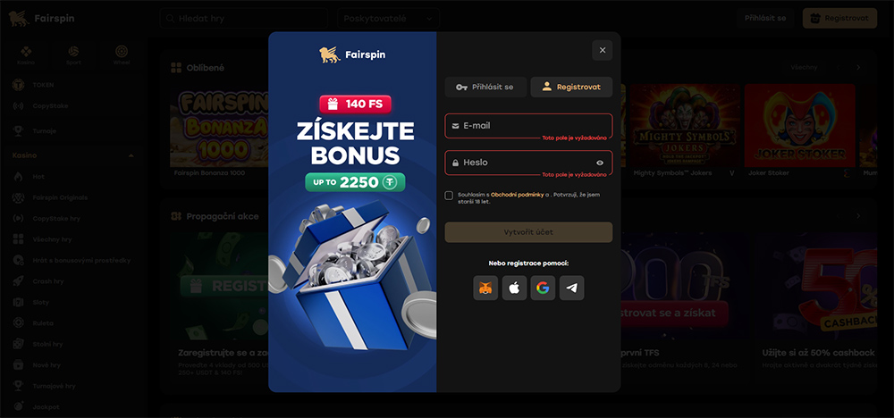 Fairspin casino registrace a login úvod