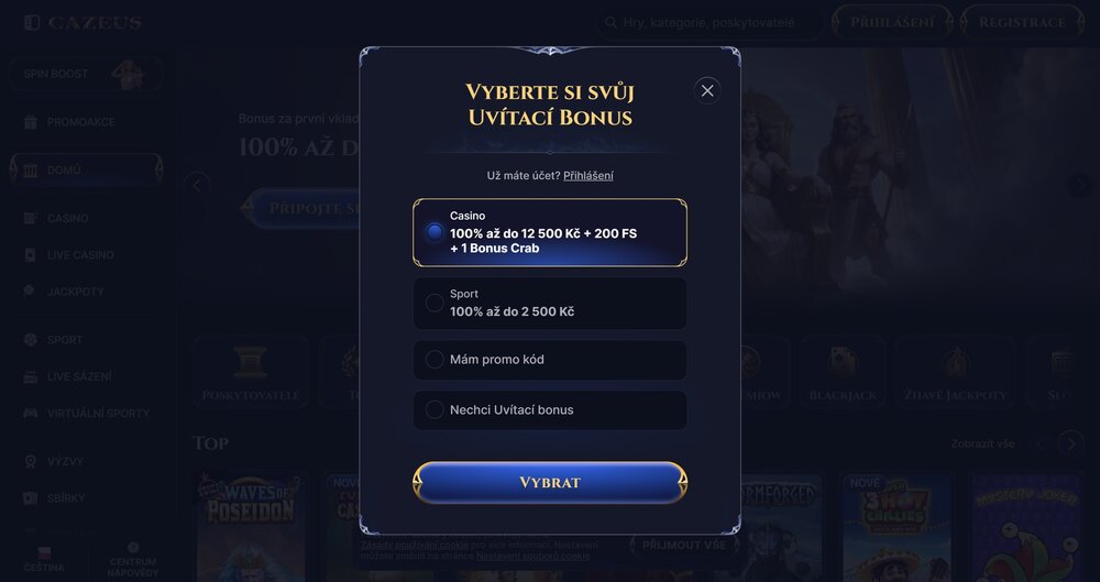 Cazeus registrace a login