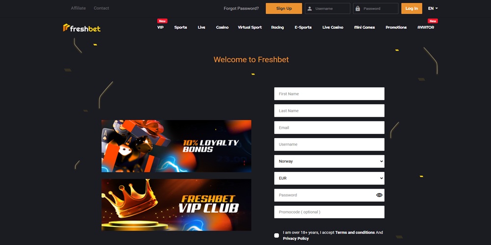 Registrační proces v casinu Freshbet