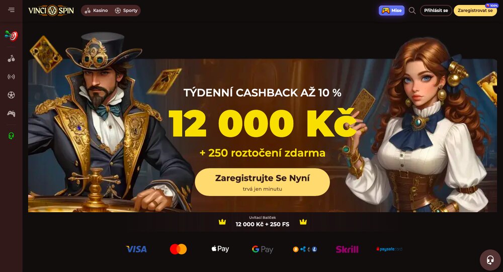 Web casina Vinci Spin s uvítacím bonusem za registraci