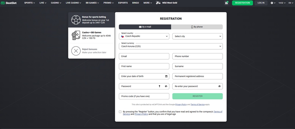 Registrační okno v casinu BeatBet