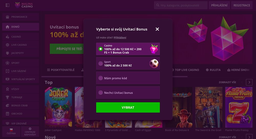 Malina Casino registrace bonus