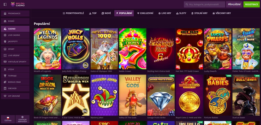 Populární automaty v casinu Malina Casino