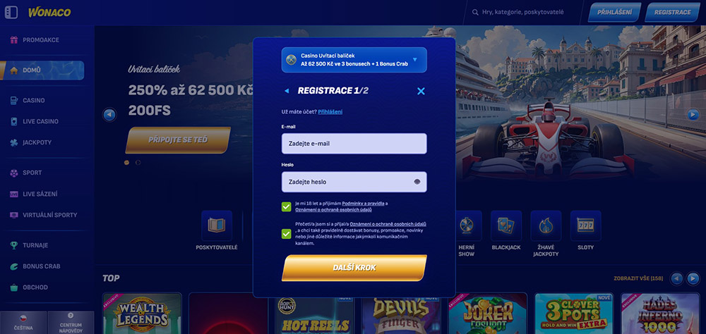 Wonaco – registrace a login 