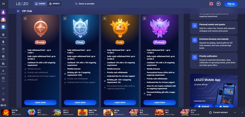 VIP program v Legzo Casino