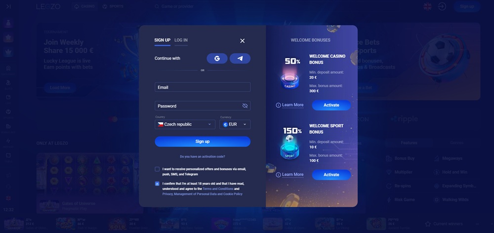 Registrace v Legzo Casino
