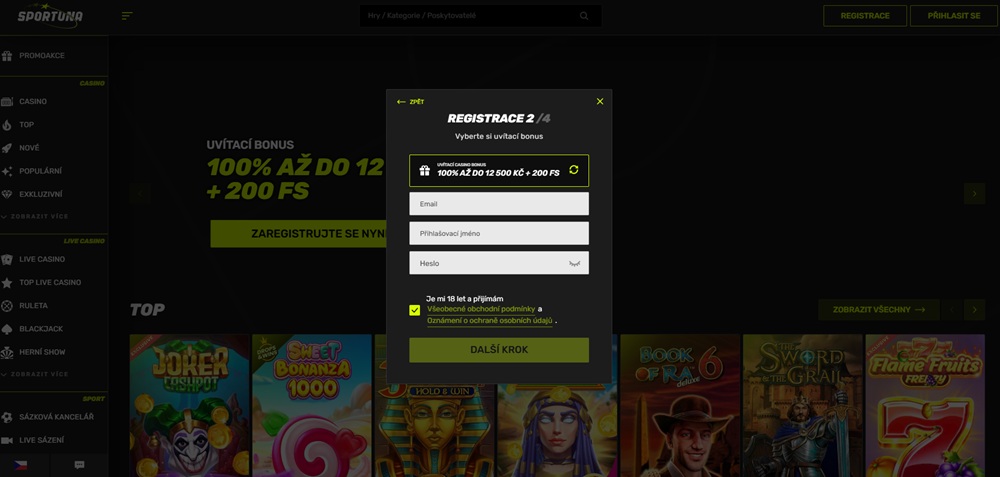 Registrační okno ve Sportuna