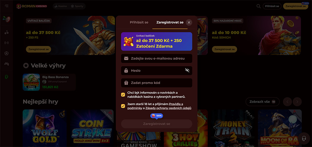 Roman Casino registrace a login