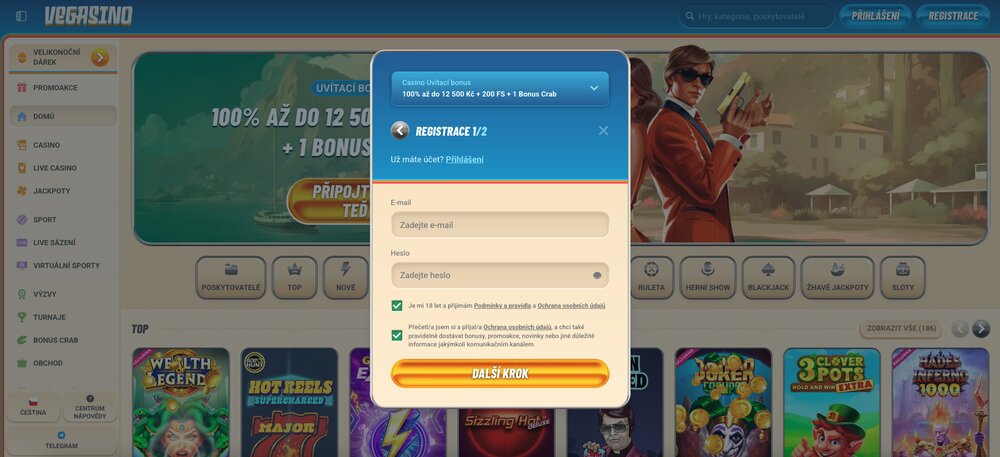 Vegasino – registrační formulář
