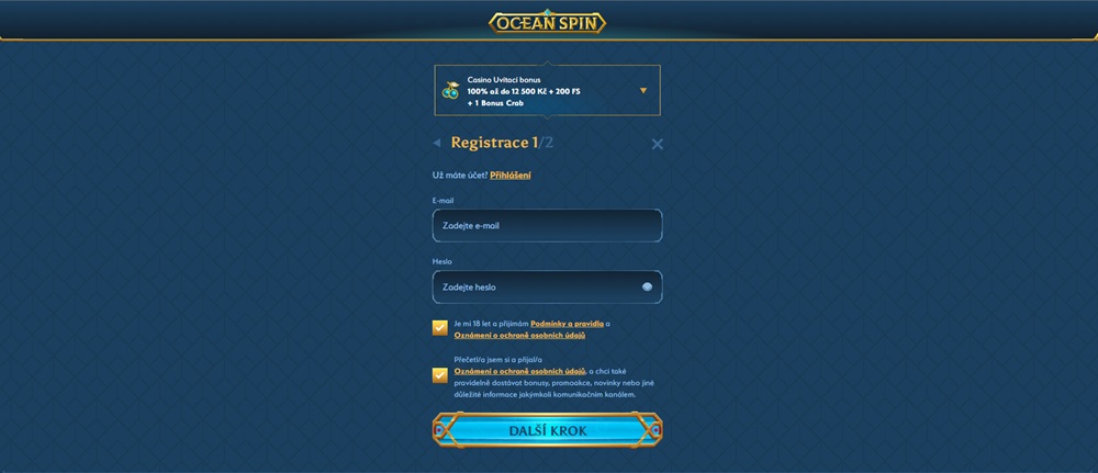 Ocean Spin casino registrace a login