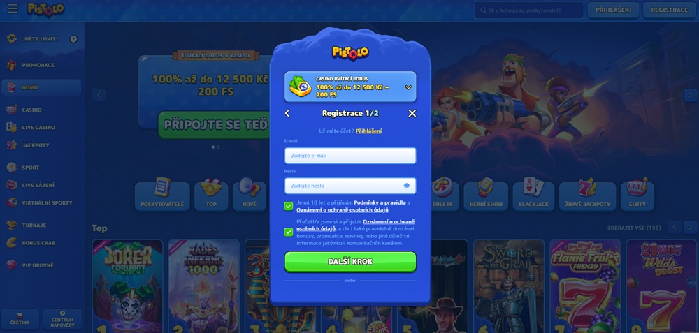 Registrace v casinu Pistolo