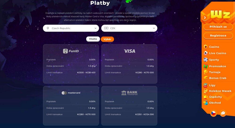 Wazamba možnosti výběru