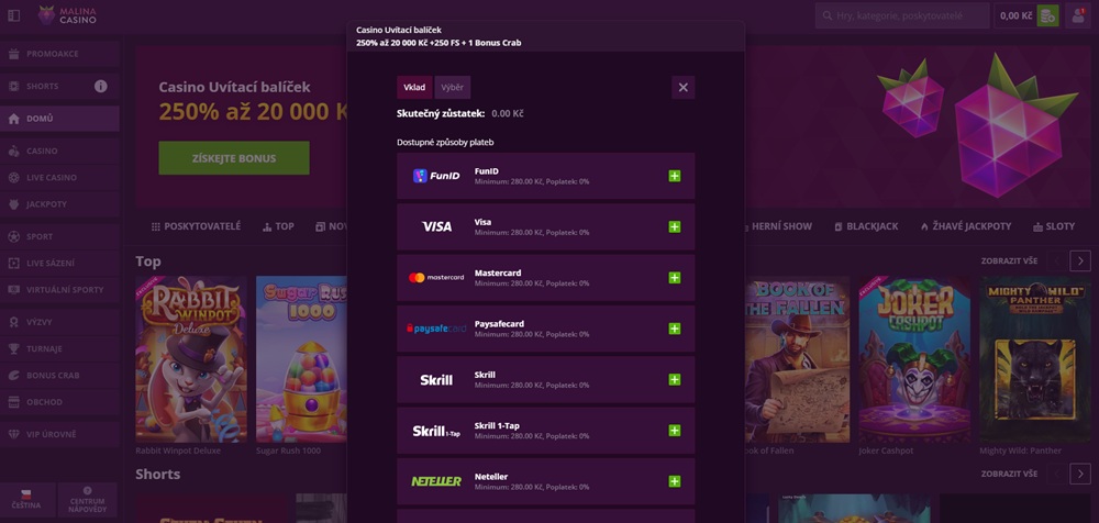 Malina Casino výběr peněz