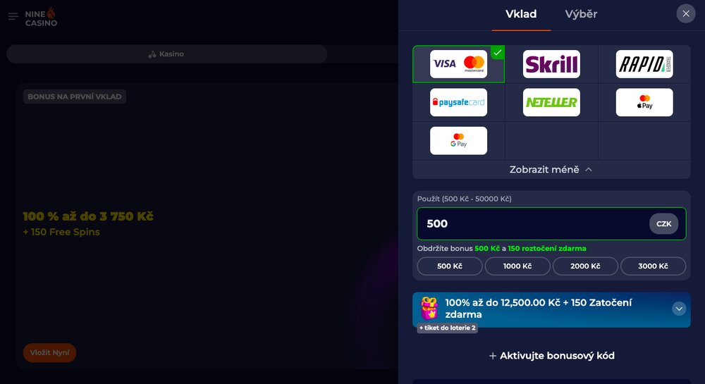 Nine Casino platební metody