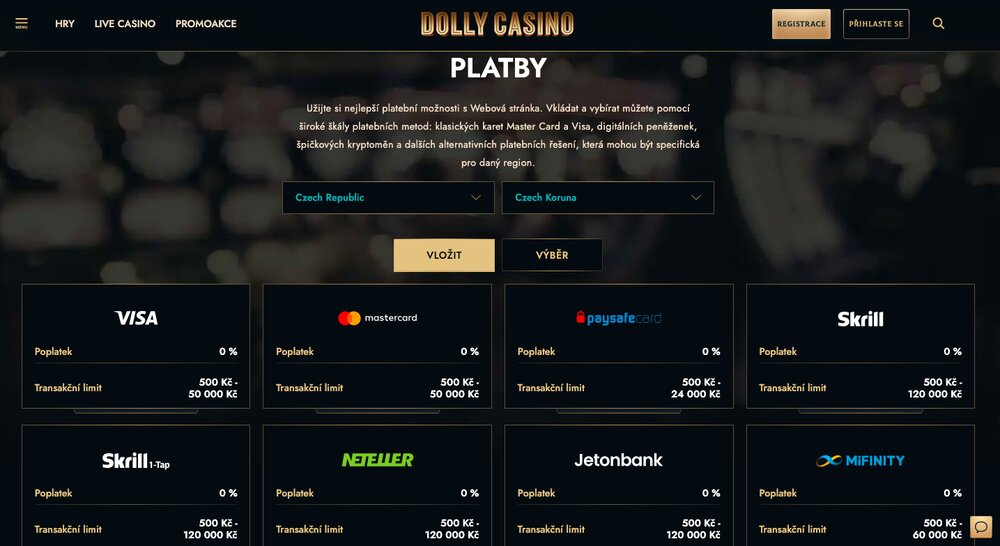 Dolly Casino platební metody