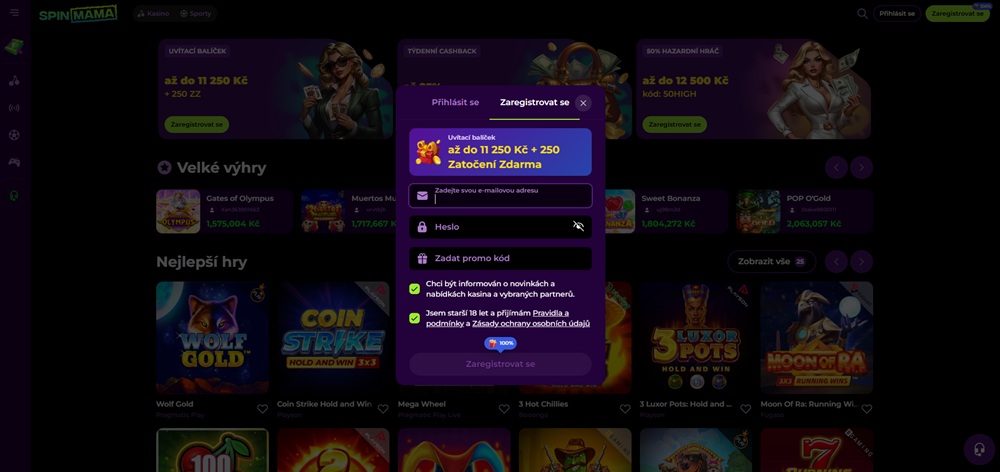Spinmama registrace a login