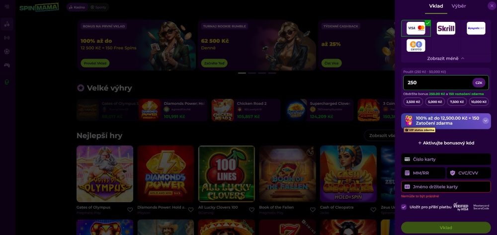 Uživatelské rozhraní Spinmama při zadávání minimálního vkladu