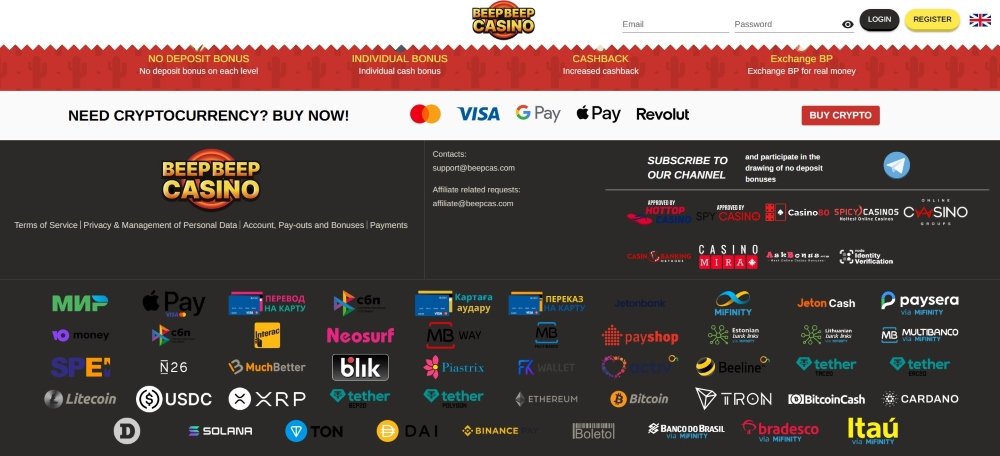 Casino Beep Beep nabízí dlouhý list platebních metod od platebních karet, přes elektronické peněženky, až po velký výběr kryptoměn