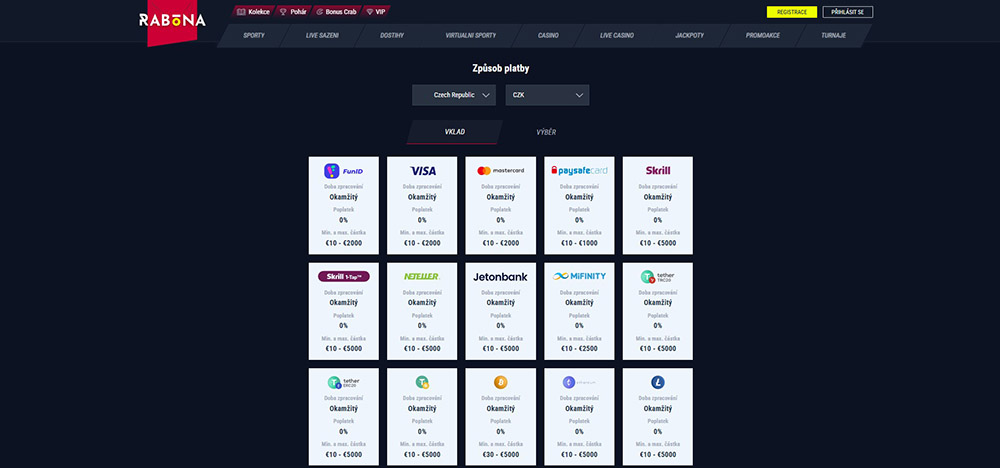 Casino Rabona – výběr peněz + platební metody