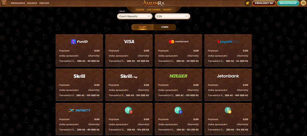Casino AmunRa – výběr peněz + platební metody