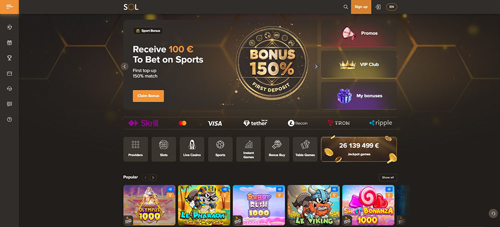 Mobilní aplikace a web casina Sol Casino