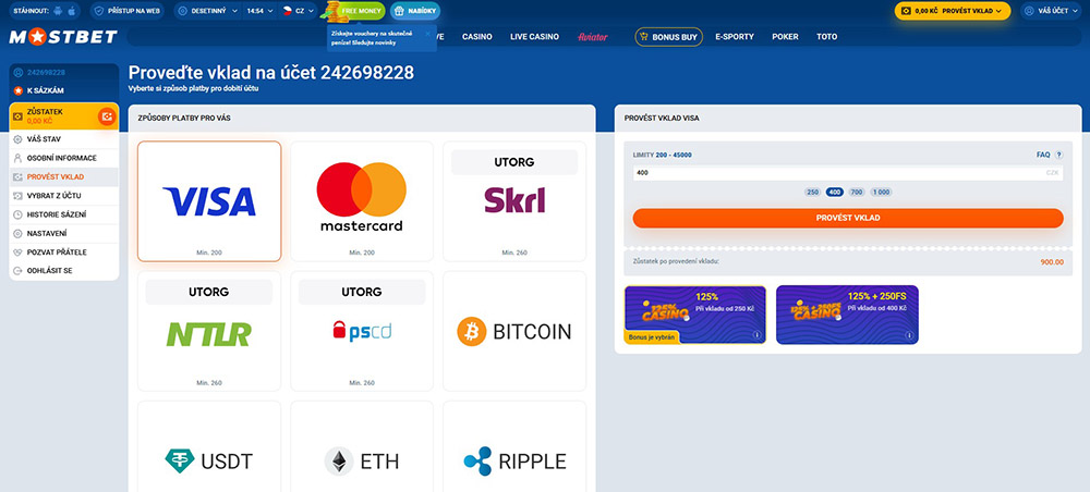 Casino MostBet – výběr peněz + platební metody