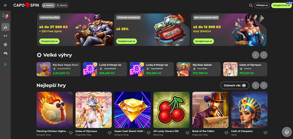 Mobilní aplikace a web casina Capospin