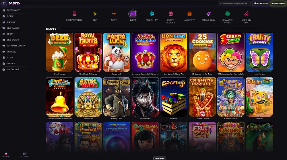 Náhled herní knihovny online casina MadCasino s několika tisíci sloty od desítek populárních vývojářů