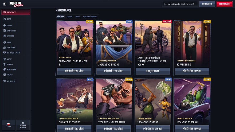 Náhled bonusů a promoakcí s free spins platformy MafiaCasino 