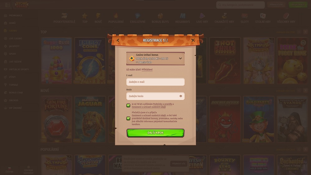 Náhled registračního formuláře online casina a sázkové kanceláře Stone Vegas