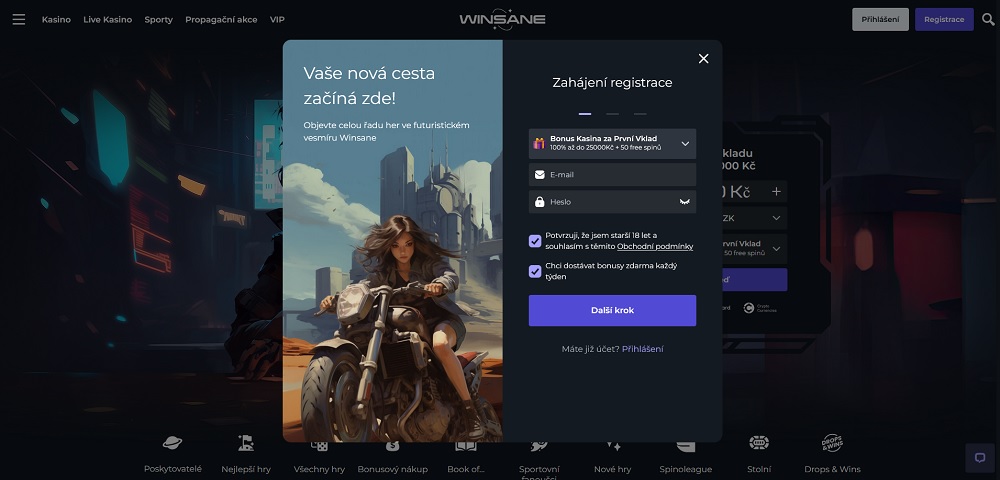 Náhled registračního formuláře s uvítacím bonusem v online casinu a sázkové kanceláři Winsane