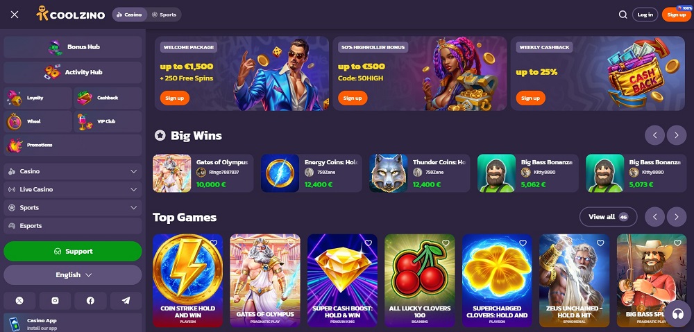 Coolzino casino úvodní stránka