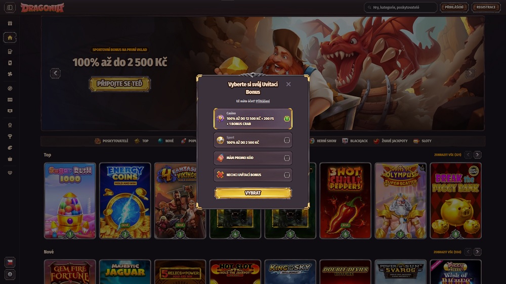 Náhled registračního formuláře v online casinu Dragonia s výběrem vstupních bonusů 