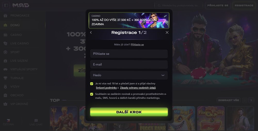 MadCasino homepage registrace