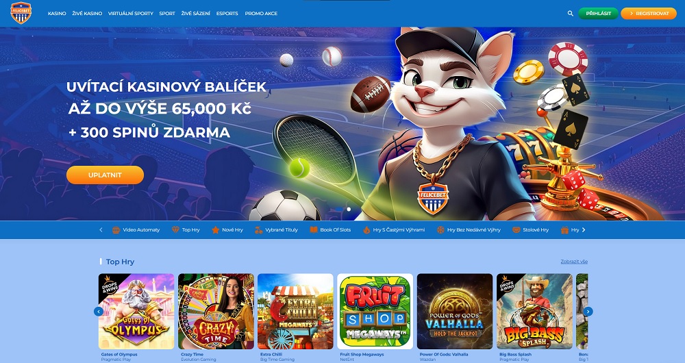 Náhled uvítacího balíčku a top automatů v online casinu FeliceBet
