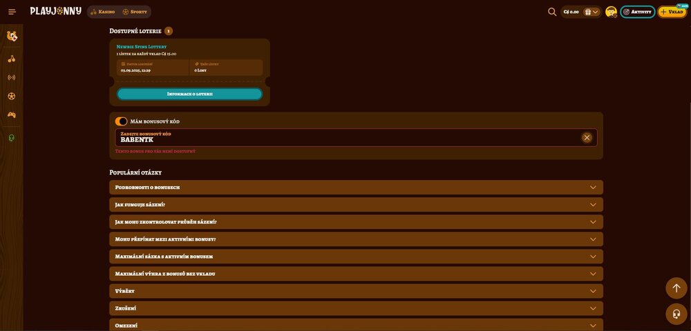 playjonny speciální no deposit bonus