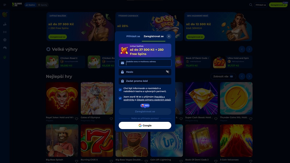 Náhled registračního formuláře v online casinu Billionairespin