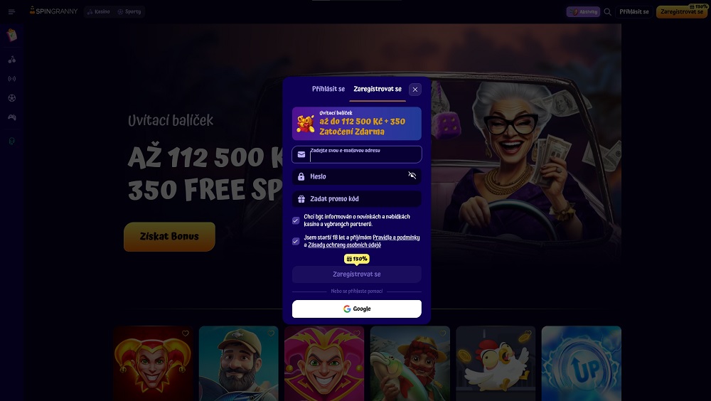 Náhled registračního formuláře v online casinu Spingranny