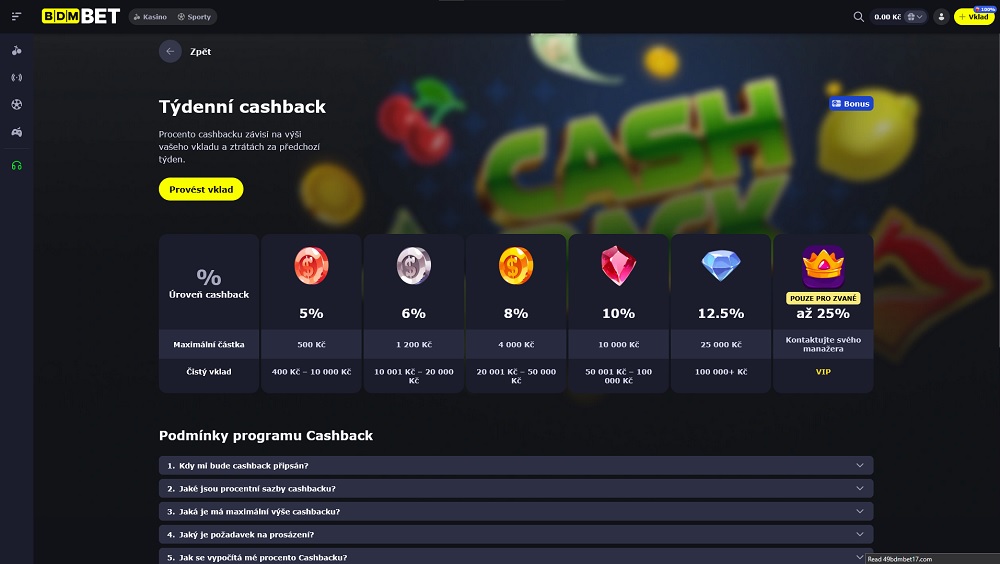 Náhled týdenního cashback bonusu v online casinu BDMbet