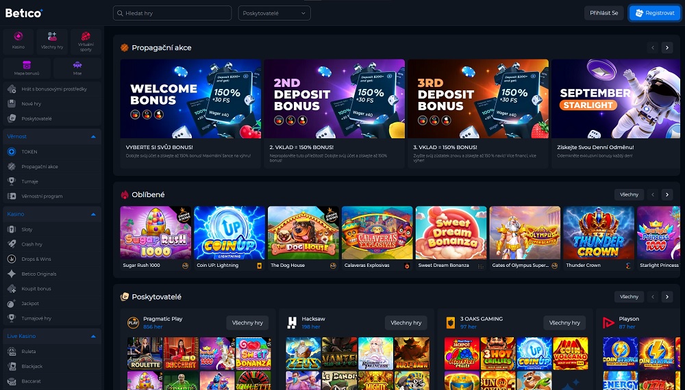 Náhled úvodní stránky s bonusy a bohatou herní knihovnou v online casinu Betico