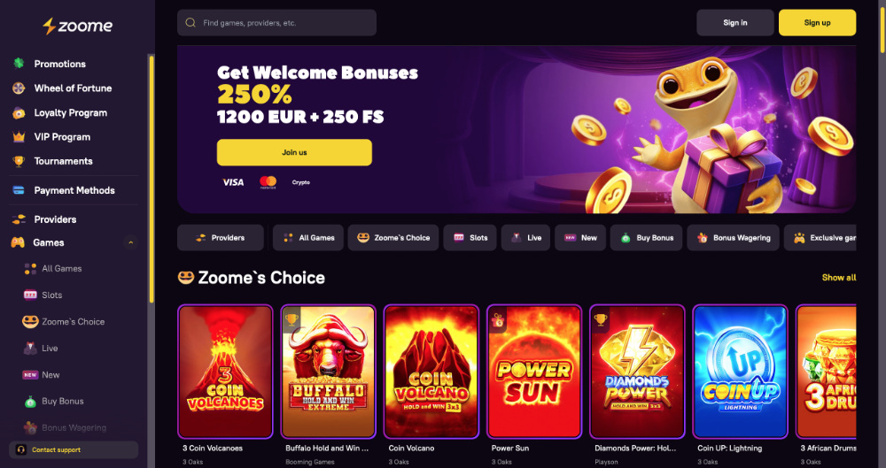 Zoome casino homepage