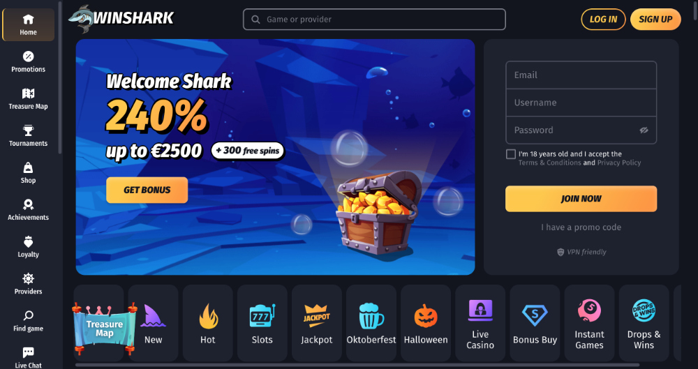 WinShark casino homepage
