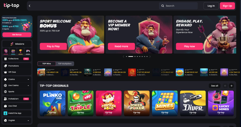 Tip Top casino úvodní