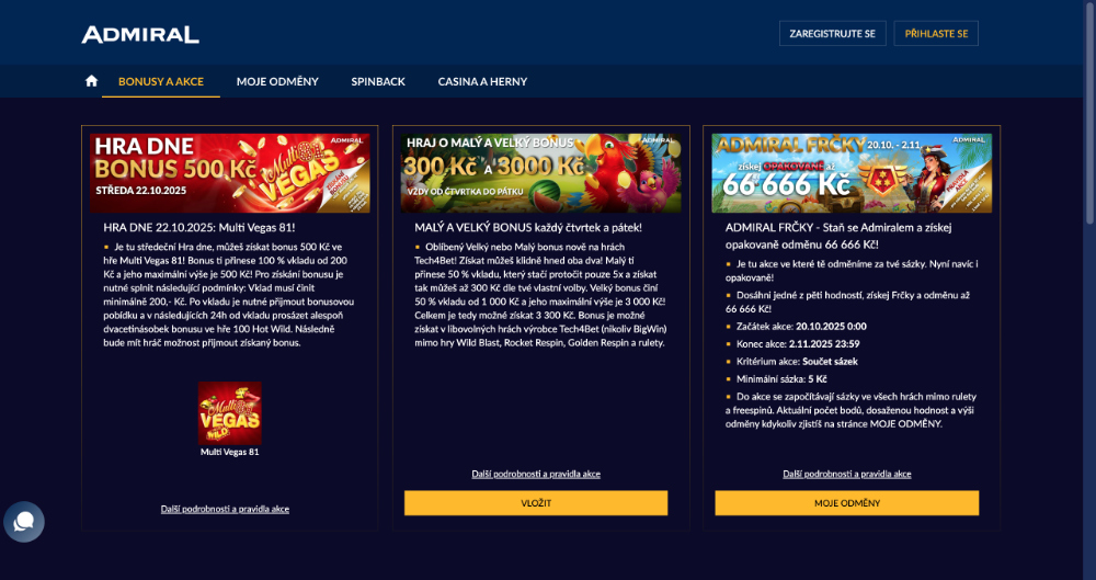 Nabídka bonusů v casinu Admiral