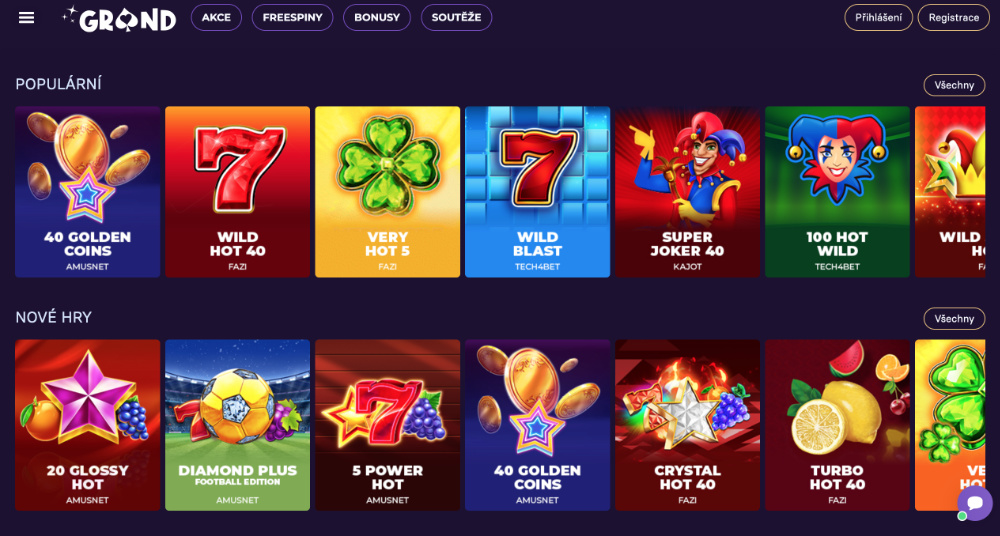 GrandWin casino úvodní obrazovka