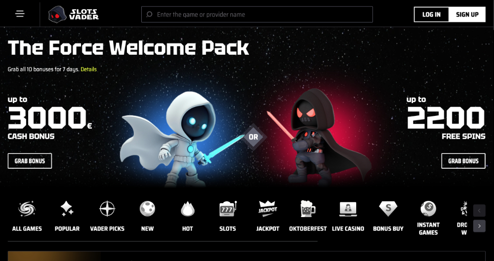 SlotsVader casino homepage