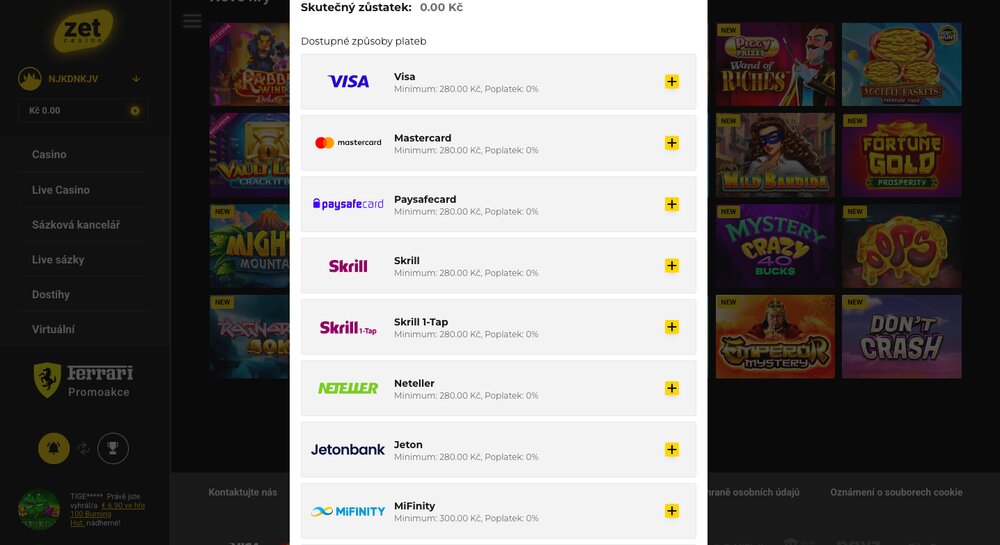 ZetCasino možnosti vkladu
