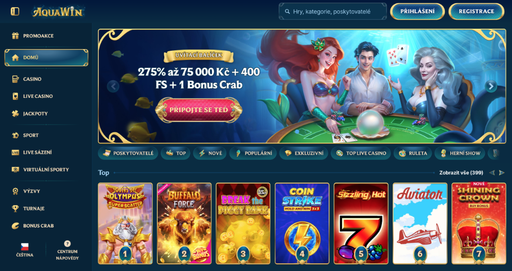 Náhled uvítacího balíčku a top hazardních her v online casinu AquaWin